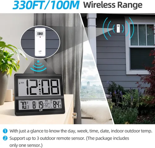 Miniatura 5 de LFF Reloj atómico de pantalla grande, reloj de pared digital con temperatura y fecha para interiores y exteriores, sensor inalámbrico para Negro