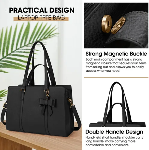 Miniatura 7 de Bolsa de computadora portátil para mujer, bolsa de mano para laptop de 15.6 pulgadas, bolsa de cuero impermeable, maletín grande y ligero, bolsa