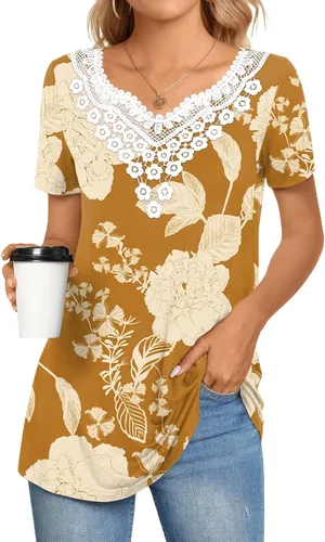 Miniatura 2 de CATHY Blusa de verano para mujer, manga corta, cuello en V, encaje de ganchillo, informal, plisada