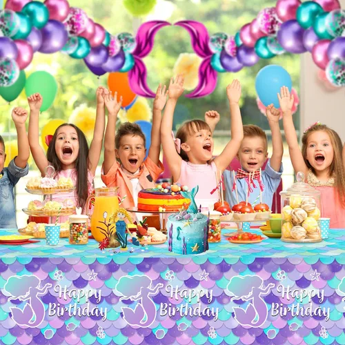 Miniatura 7 de 1 mantel de sirena – Mantel de sirena de feliz cumpleaños, mantel rectangular de plástico desechable con diseño de sirenas para decoración