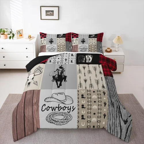 Miniatura 28 de Juego de edredón de vaquero, tamaño King, juego de ropa de cama de herradura con estrellas del oeste de Texas para adultos, hombres y niños, ropa