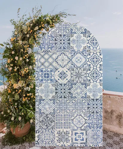 Fundas de fondo de arco de porcelana, decoración de fiesta mediterránea, azulejos azules arqueados para fotografía, cubiertas de soporte para