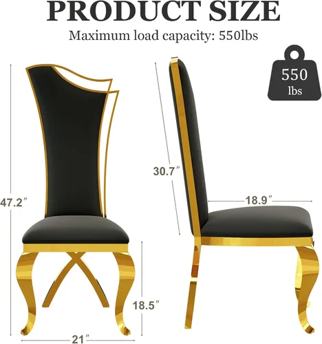 Miniatura 2 de BQueen Sillas de comedor negras y doradas, Sillas de comedor de lujo, Sillas de comedor Velevt con respaldo alto, Patas de acero inoxidable de oro