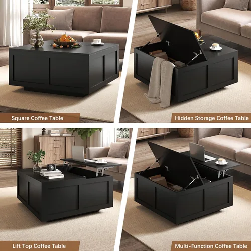 Miniatura 3 de HedoAjim Mesa de centro elevable con almacenamiento, mesa de centro cuadrada negra de 31.5 pulgadas con gran almacenamiento oculto, mesa central