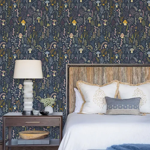 Miniatura 2 de Papel tapiz bohemio para despegar y pegar, papel tapiz autoadhesivo extraíble de vinilo de hongos azules para decoración de dormitorio, 17.3 x 236