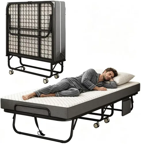 Miniatura 11 de Cama plegable con colchón para adultos, 75" x 31" cama rodante portátil tamaño catre, cama plegable de invitados con marco de metal con colchón