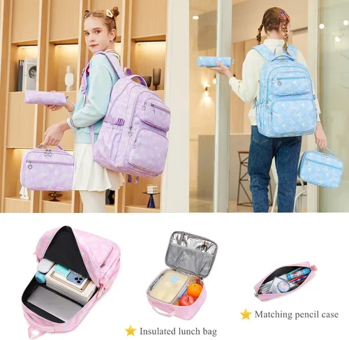 Miniatura 2 de Juego de 3 mochilas para niñas con bolsa de almuerzo a juego, mochila escolar para niñas