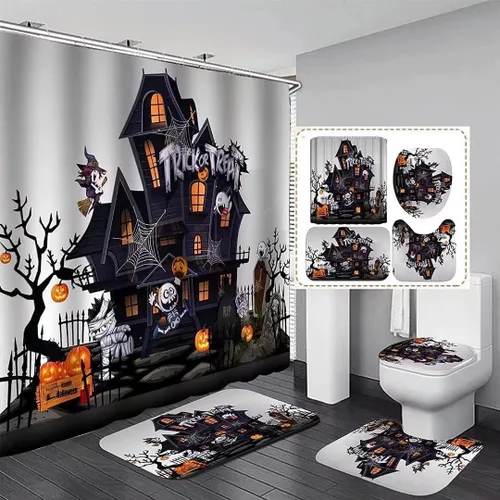 NBVKO Cortina de ducha impermeable de calabaza de Halloween, con alfombras antideslizantes, cubierta para la tapa del inodoro y tapete de baño, set