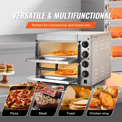 Miniatura 6 de Horno de pizza comercial VEVOR para encimera, capa doble de 14", horno de pizza eléctrico de acero inoxidable con piedra y asa, horno de pizza
