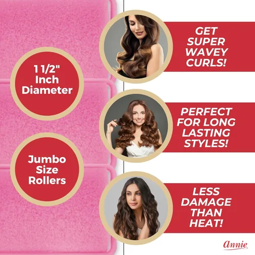 Miniatura 3 de Rulos de Espuma Annie Jumbo, 6 unidades de rizos y ondas sin calor con esponja suave rosa, sin necesidad de pines o clips, para cabello húmedo