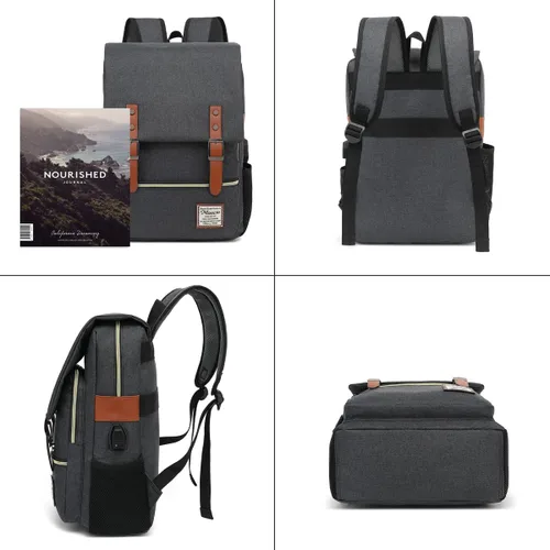 Miniatura 4 de Mancio Mochila vintage delgada para laptop para mujeres y hombres, bolsa universitaria de negocios resistente a desgarros con puerto de carga USB