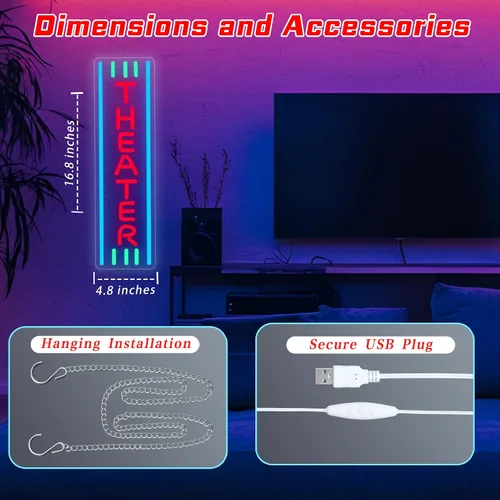 Miniatura 3 de Letrero de neón de teatro, luz LED regulable para decoración de pared, accesorios de cine en casa, luz de neón para sala de cine, decoración de bar