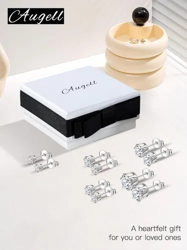 Miniatura 6 de Juego de 5 pares de aretes de plata de ley 925, hipoalergénicos, de oro de 18 quilates, circonita cúbica para mujeres y hombres, regalo brillante