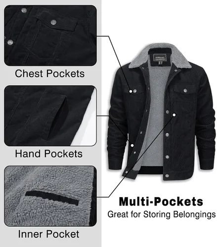 Miniatura 5 de EKLENTSON Chaquetas de pana para hombre, con forro de sherpa, abrigo de invierno térmico cálido, chaqueta de forro polar casual con solapa