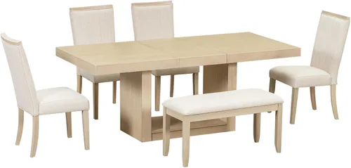 Miniatura 6 de Merax Farmhouse - Juego de mesa de comedor de madera para 6, 76 pulgadas, juego de mesa de cocina extensible con hojas extraíbles de 18 pulgadas, 4
