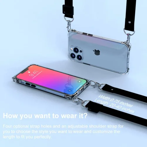 Miniatura 2 de Funda transparente para iPhone 13 Pro Max con correa cruzada ajustable desmontable, ajuste delgado, funda protectora a prueba de golpes con cordón