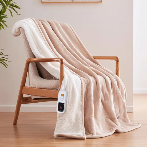 Sealy Manta Eléctrica Tamaño Throw 50"*60", Súper Acogedora de Franela a Sherpa Reversible Manta Térmica con 6 Niveles de Calefacción y 2-10 Horas
