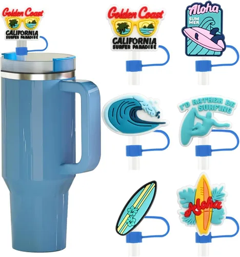 Miniatura 8 de 6 piezas de cubiertas de popote de béisbol para vasos Stanley – Lindas tapas reutilizables de silicona de 10 mm para vasos de 30 oz/40 oz con asa