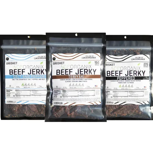 Miniatura 16 de Ace Organix Bocadillo de carne seca prémium de pechuga, varios sabores, fabricado en Estados Unidos (paquete variado de 5 sabores)