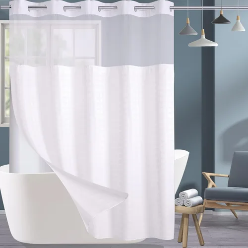 Conbo Mio Cortina de ducha sin gancho con forro a presión, cortinas de baño de tela blanca de lujo para hotel con ventana superior transparente,