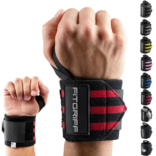 Miniatura 9 de Fitgriff® Muñequeras para levantamiento de pesas (18 pulgadas), soporte resistente para gimnasio, prensa de banco y flexiones (1 par) - para hombres