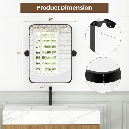 Miniatura 9 de Tangkula Espejo pivote de 30 x 22 pulgadas, espejo de baño inclinable con película inastillable, soportes de pared, espejo enmarcado para montaje