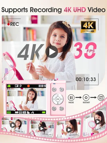 Miniatura 3 de Cámara digital, cámara de videoblogs 4K con enfoque automático para fotografía con tarjeta de 32 GB, cámara digital compacta portátil de 48 Rosa