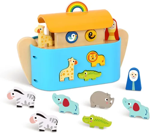 Miniatura 7 de TOOKYLAND - Juguetes del Arca de Noé para niños pequeños, juguetes clasificadores de forma de animales de madera, regalos de bautismo para niños