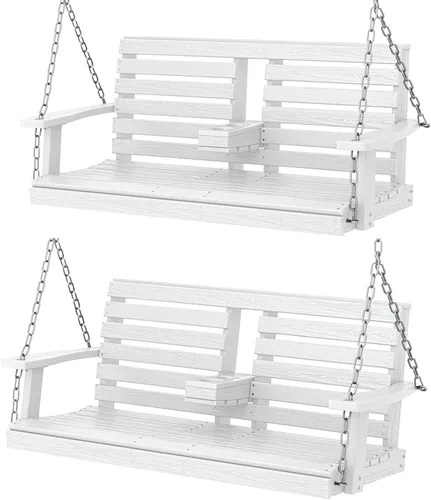 Miniatura 30 de KINGYES Columpio colgante para porche al aire libre, silla de columpio de patio de 2 asientos con portavasos, banco impermeable para patio y jardín