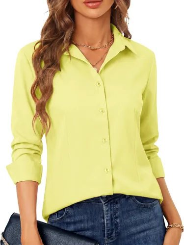 Miniatura 34 de BBIBBI Camisa de vestir elástica de manga larga con botones para mujer, blusa de trabajo casual de negocios (clásica, recortada y alta)