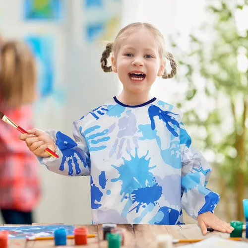 Miniatura 5 de 2 piezas de delantal de arte para niños, delantal de pintura para niños pequeños de manga larga con 3 bolsillos para actividades de pintura