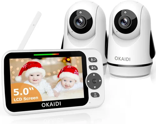 OKAIDI - Monitor de bebé con video y 2 cámaras, pantalla de 5 pulgadas, monitor de bebé sin WiFi, batería de 30H y rango de 300 m, cámara de bebé