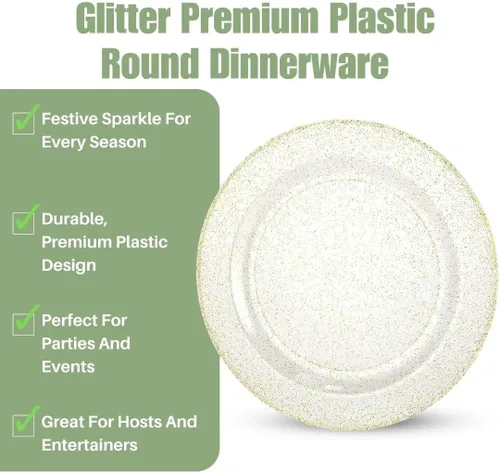 Plato redondo de plástico Glitter Gold de alta calidad, 10.25 pulgadas, elegante plástico duradero, ideal para bodas, fiestas y eventos, 10 unidades
