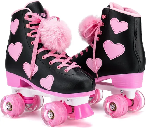 Miniatura 3 de Ruthfot Patines clásicos para mujeres y niñas con ruedas iluminadas y patrón de corazón de amor, patines de cuero PU de caña alta.. Negro