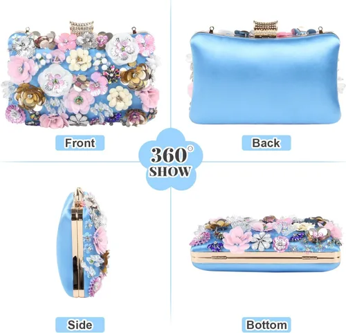Miniatura 2 de Bolsos de noche florales para mujer, bolsos de mano con diamantes de imitación coloridos, bolso floral para novia, boda, bolso de hombro con cadena