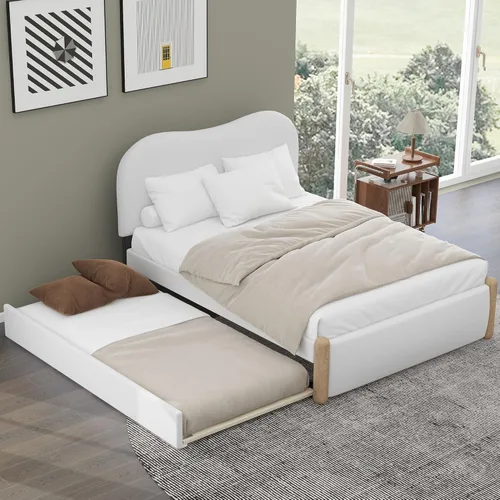 SOFTSEA Cama de plataforma de tamaño matrimonial con nido, cama matrimonial tapizada con cabecero curvado para niños, adolescentes, invitados, tela