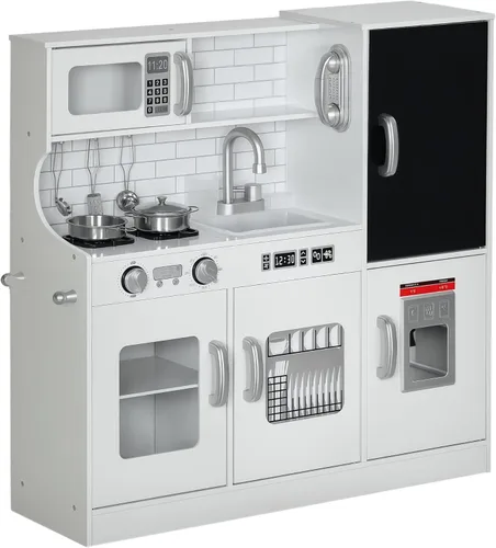 Qaba Juego de Cocina de Juguete para Niños - Cocina de Simulación con Teléfono, Pizarra, Perchero de Toallas, Máquina de Hielo, 5 Accesorios,