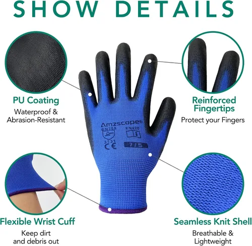 Miniatura 2 de Guantes de trabajo con revestimiento de poliuretano, 12 pares, guantes de jardín finos para hombres y mujeres, ideales para trabajo ligero