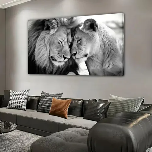 Miniatura 3 de LYUNSHUO Lienzo decorativo para pared, diseño de león y leona, animales en blanco y negro, imágenes de pareja, pintura abstracta de vida silvestre