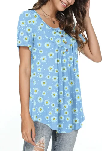 Miniatura 2 de POPYOUNG Women's Summer Tops Short Sleeve Tunic Loose Fitting Henley Shirts Button Down Blouses