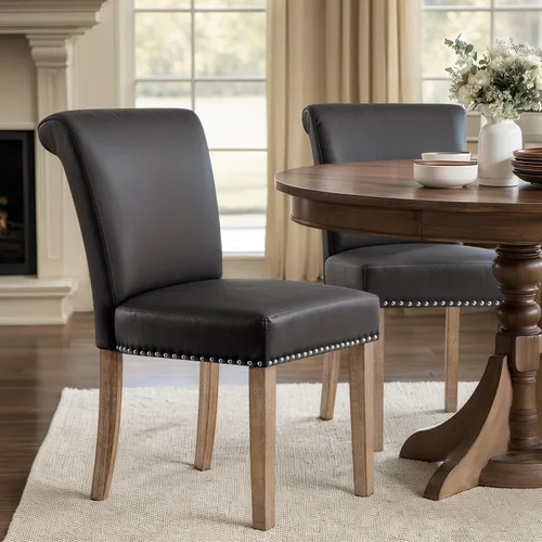 Miniatura 14 de CHUN YI Juego de 4 sillas de comedor tapizadas de piel sintética con ribete de cabeza de clavo y patas de madera, sillas laterales Parsons modernas