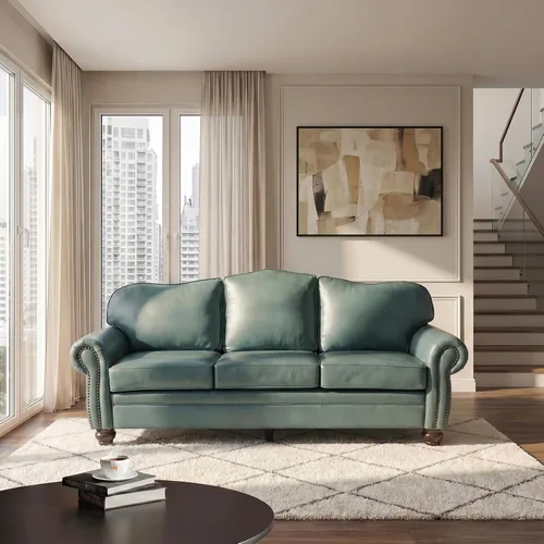 Miniatura 11 de HULALA Home Sofá de cuero genuino de 81 pulgadas con ribete de clavos y reposabrazos enrollados, moderno de mediados de siglo, sofá de 3 plazas