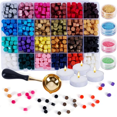 Hoppler Kit de cera de sellado de 648 piezas. Cera de sellado de cera en 24 colores. Kit de sellado de cera para suministros estacionarios, sellos