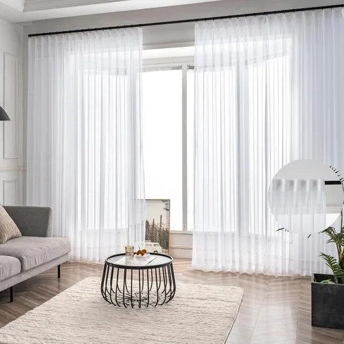 Miniatura 31 de Cortinas plisadas negras traslúcidas de 84 pulgadas de largo, 2 paneles para dormitorio, lino texturizado, ganchos transparentes para pista