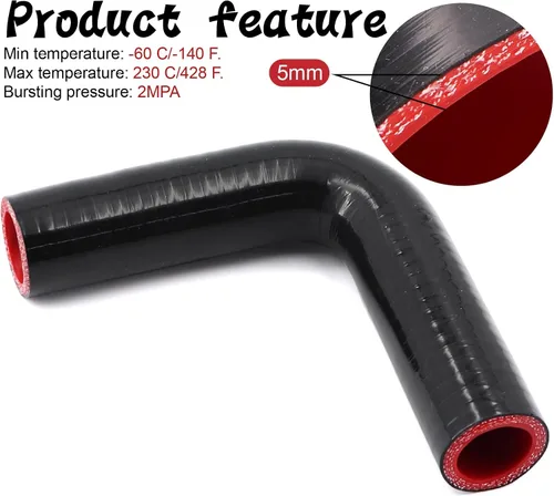 Miniatura 4 de 90 Grados ID 1 Pulgada (25mm) Manguera de Acoplador Reductor de Silicona Negra, 4 Capas Reforzadas, Longitud de Pata 4 Pulgadas (102mm) con 2
