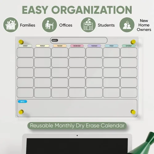 Miniatura 2 de Calendario acrílico para pared, pizarra blanca de borrado en seco, alternativa de vidrio transparente, tablero no magnético, planificador mensual
