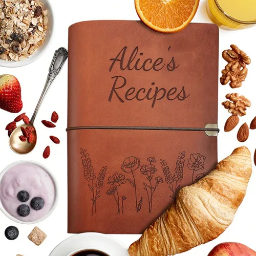 Libro de recetas de cuero hecho a mano, diario cuaderno con grabado personalizado del nombre, libros de cocina familiares personalizados,