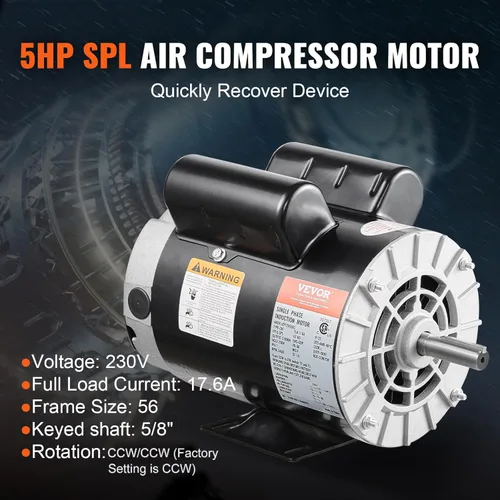 Miniatura 2 de VEVOR Motor eléctrico de compresor de aire SPL 5HP, 230 V 17.6 amperios, marco 56 3450 RPM, eje con llave de 5/8 pulgadas, longitud del eje de 1.88