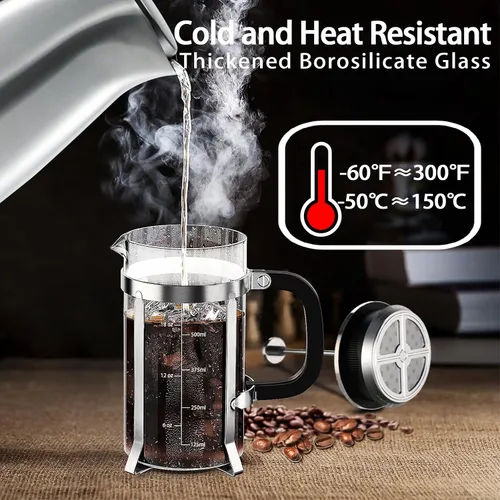Miniatura 3 de YMMIND Cafetera de prensa francesa de acero inoxidable 304, con sistema de 4 filtros, vidrio de prensa francesa de borosilicato de espesor Tono plata