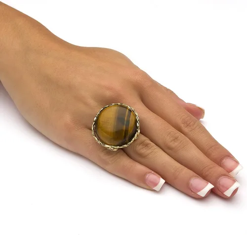 Miniatura 3 de Anillo de almohada de ojo de tigre marrón genuino chapado en oro amarillo de 14 quilates